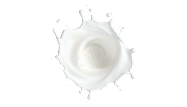 Isolated overhead view of a milk splash against a black background, showcasing swirling liquid