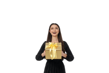Woman holds a gold gift box with yellow ribbon, isolated, PNG