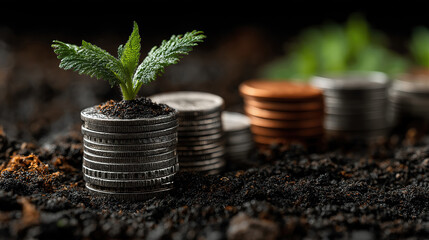 Coins stacked on earth with sprouting plant illustrating wealth development and ecological