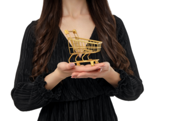 Woman with dark hair showcasing a golden shopping cart, isolated, PNG