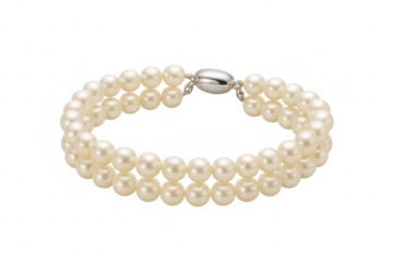 Elegant double strand pearl bracelet featuring a silver clasp