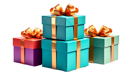 Colorful gift boxes stacked and arranged against a black background, tied with gold ribbons
