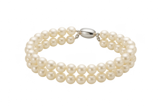 Elegant double strand pearl bracelet featuring a silver clasp