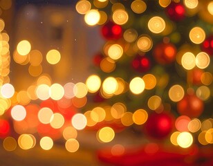 Fototapeta premium A warm and festive background features a close-up, out-of-focus (bokeh) view of bright golden and red holiday lights.