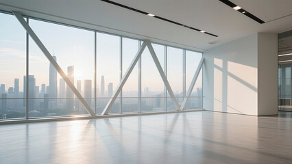 An interior space with a glass curtain wall and steel structure that offers a view of the city skyline