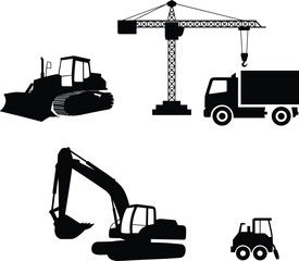 Construction vehicle silhouettes, bulldozer, tower crane, dump truck, excavator, forklift, heavy machinery, earthmoving equipment, industrial work, building, transportation