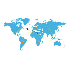 Obraz premium Global air travel routes on a blue world map illustration.