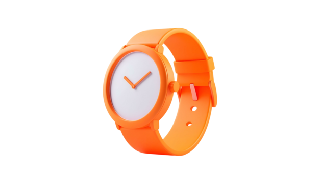 3D-rendered orange wristwatch against black background, featuring white face and visible band