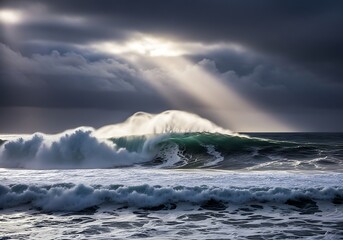 A powerful ocean wave crests and breaks under dramatic sunlight piercing through dark, stormy clouds.