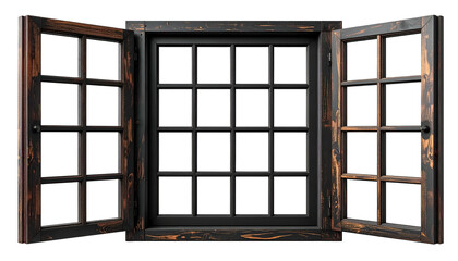 Dark, open wooden window with intricate pane design, frame shows aged wood texture