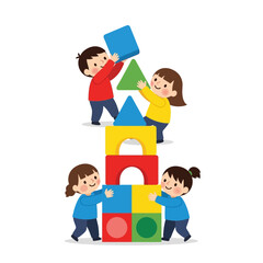 Obraz premium Four diverse children collaborating to build a colorful block tower, showcasing teamwork and early childhood development.