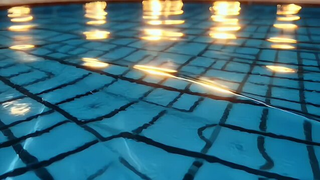 Blue swimming pool water surface reflecting warm golden lights