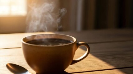 Steaming cup of coffee on a wooden table with sunlight shining through window