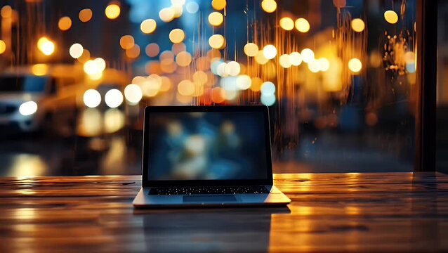 Laptop on wooden desk with blurred city lights glowing outside window
