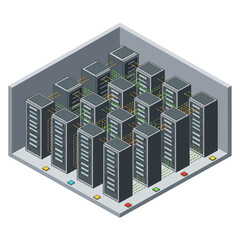 Isometric illustration of a modern data center server room.