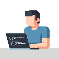 Male programmer coding on a laptop computer illustration.