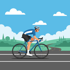 Male cyclist in professional gear riding a road bike outdoors.