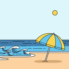 Minimalist Beach Scene with Umbrella and Waves.