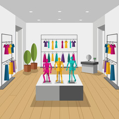 Modern Clothing Store Interior with Colorful Mannequins.