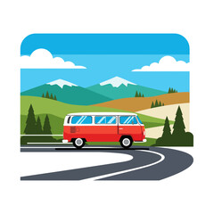 Red Camper Van on a Scenic Mountain Road Trip.