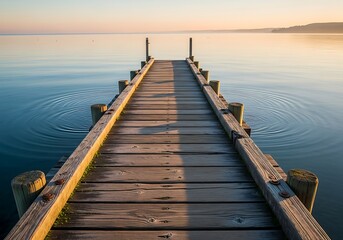 Obraz premium A wooden pier stretches into calm water under a serene, pastel-colored sky, reflecting the soft light of dawn or dusk.