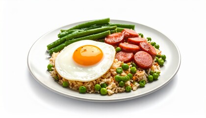 Fried Rice With Chinese Sausages, Green Bean And Served With Fried Egg On White Background.