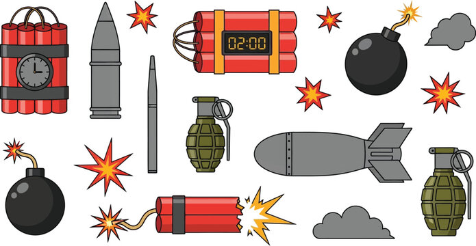 Explosives and weapons vector set dynamite bomb grenade missile clip art