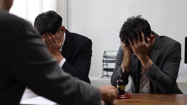 Stressed businessman and lawyer experiencing emotional breakdown, displaying intense disappointment and frustration after losing significant legal case, sitting dejectedly in professional office.