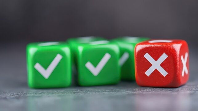 A close-up of dice showing green checkmarks and a red cross, symbolizing approval and disapproval, often used in decision-making contexts.