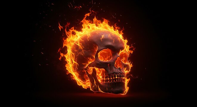 A 3D rendered skull enveloped in vibrant orange and yellow flames against a dark background