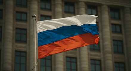 A billowing flag of horizontal tricolors against a grand, imposing edifice in soft focus