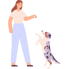 Woman in light pink shirt and light blue pants plays with a dog on a transparent background