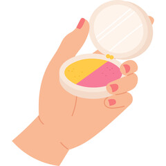 Woman's Hand Holding Open Compact With Yellow And Pink Makeup Powder With Pink Nails And Transparent Background