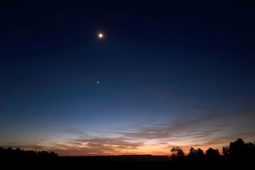 Obraz premium Venus or Jupiter Shining Brightly Over Horizon at Twilight Planetary Astronomy Night Sky Celestial Photography