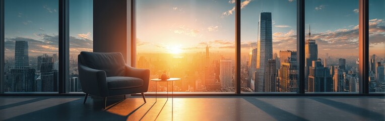 Obraz premium Cityscape Sunset View From Modern Interior
