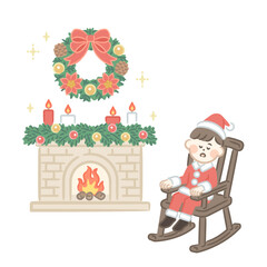 Boy warming himself by the fireplace with Christmas decorations