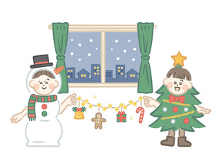 Children dressed in Christmas costumes and decorating