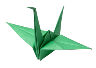 origami crane green paper isolated on a transparent background.