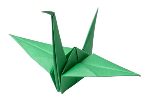 origami crane green paper isolated on a transparent background.