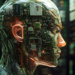 Futuristic AI Head Design, AI-Powered Human Head, Digital Human Face, Cybernetic Brain, Tech-Infused Face, AI Circuit Head,  Mechanical Head Design, Futuristic Cyber Head, Human-Machine Face