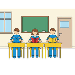 Three Students Reading Books at Desks in a Classroom.