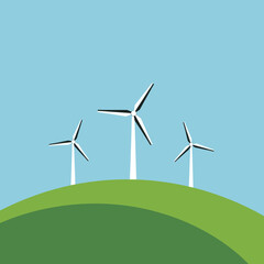 Three wind turbines on a green hill generating clean energy.