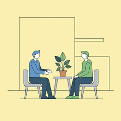 Two Men Sitting in Chairs Having a Conversation.