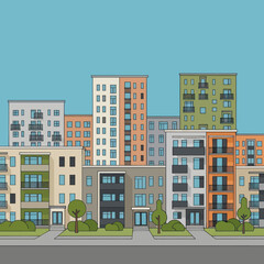 Urban landscape with colorful modern apartment buildings.
