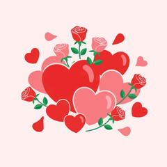 Valentines Day composition with hearts roses and petals.