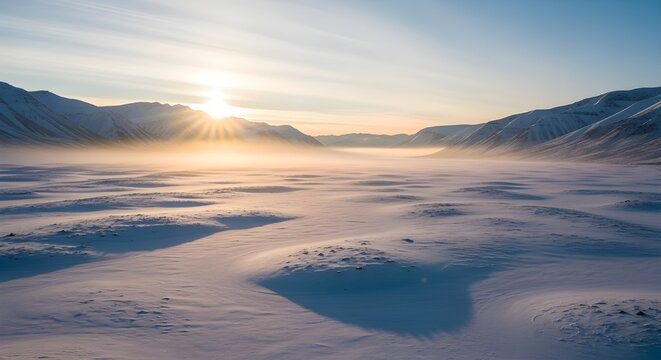 Winter Sunset Over Frozen Mountains &mdash; Serene Arctic Horizon