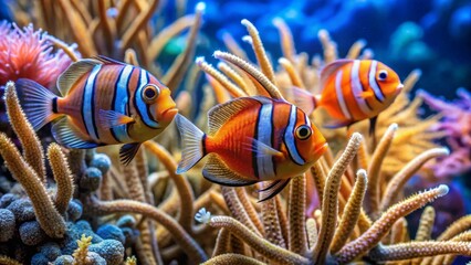Vibrant Reef Inhabitants Three Strikingly Colored Fish Gracefully Navigate a Lush Coral Ecosystem
