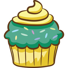 A Teal Frosted Cupcake with Yellow Swirl Frosting and Colorful Sprinkles Isolated on a White Background