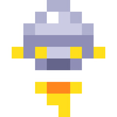 Retro pixel art spaceship ascending with orange and yellow exhaust flames against a clean white background evoking a vintage video game aesthetic