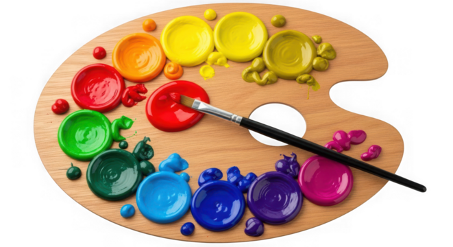 Wooden artists palette with vibrant paints isolated on transparent background